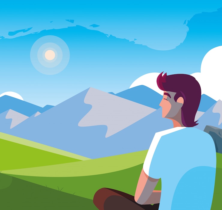 वेक्टर man seated observing landscape mountainous
