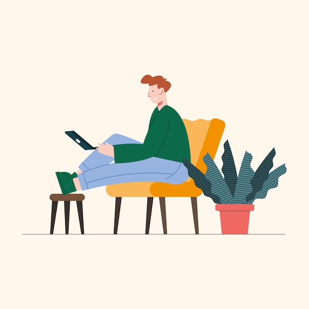 Vector man seated in sofa using laptop