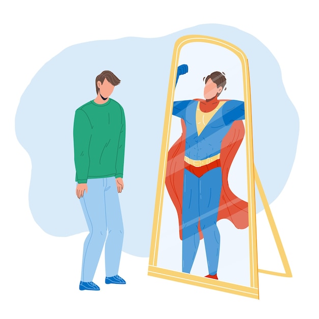 Vector man seeing himself in mirror as super hero vector. shy man looking at mirror reflection and see superhero. character young businessman professional achievement flat cartoon illustration