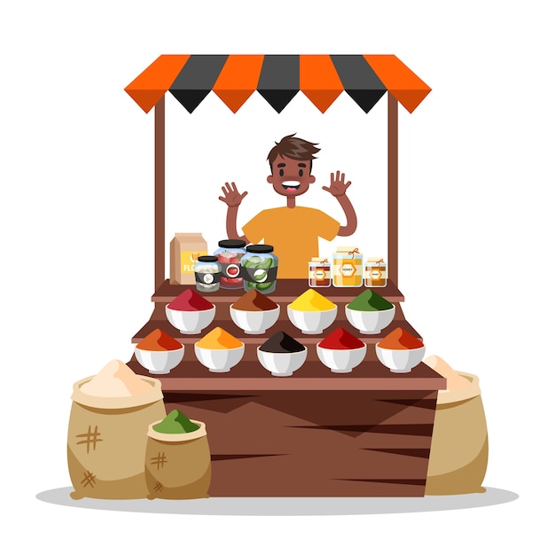 Vector man selling food spice. asian colorful spices market