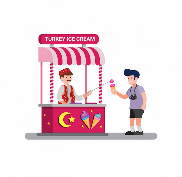 Man selling ice cream traditional street food from turkey in cartoon flat illustration vector isolated