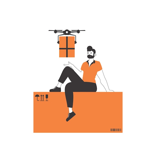 A man sends a package with a drone Drone delivery concept Linear modern style Isolated on white background Vector illustration