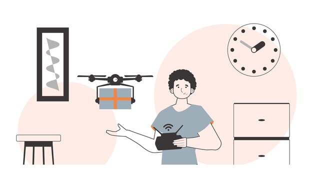 男性がドローンで荷物を送る ドローン配達コンセプト 線形スタイル