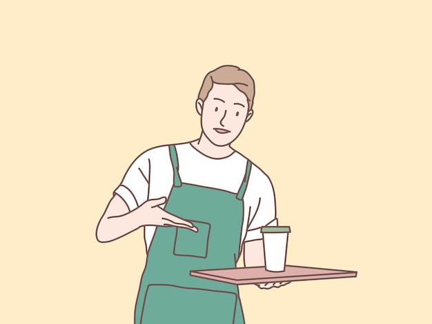 Man serveerster met dienblad bestellen koffie serveren aan klant eenvoudige koreaanse stijl illustratie