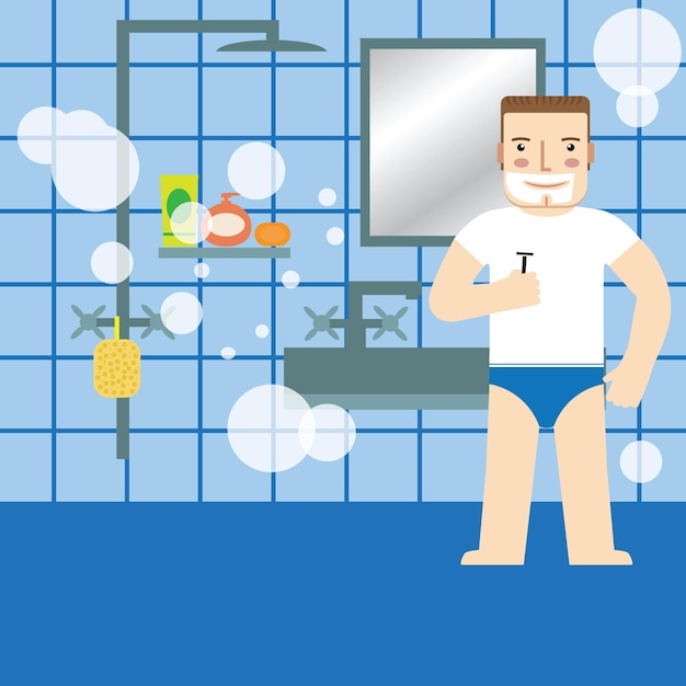 Man shaving in the bathroom Vector