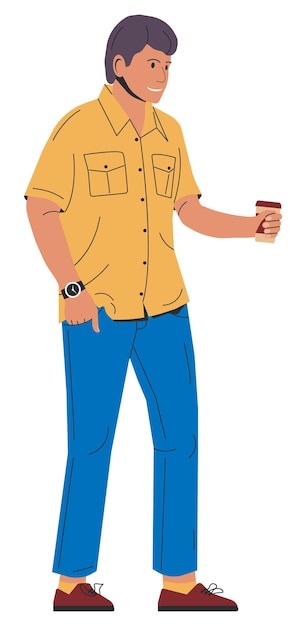 Uomo in camicia e jeans con un bicchiere di caffè uomo maturo è in piedi in abiti da strada personaggio maschile in stile casual look uomo alla moda che si rilassa con caffè caldo illustrazione vettoriale piatta di cartoni animati