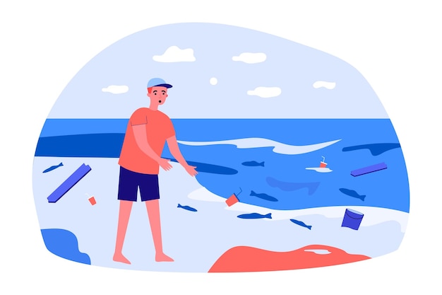 Vector man shocked by situation on beach. flat vector illustration. person with his mouth open watching garbage, trash and dead fish thrown away by sea. environmental protection, storm, nature concept