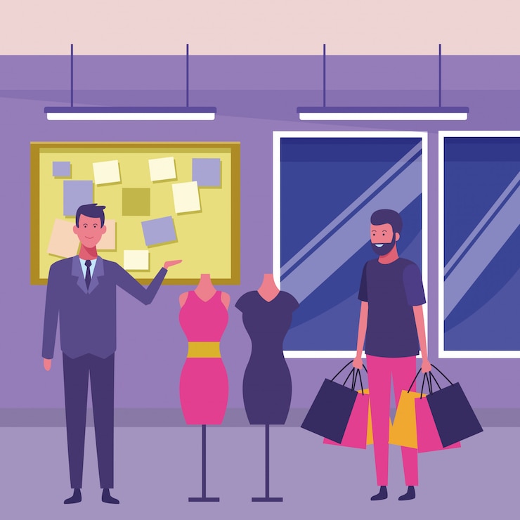 Vector man shopping woman dress and mall guy advising
