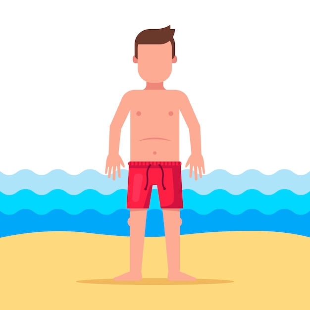海の背景にパンツの男が立っています。フラットキャライラスト。