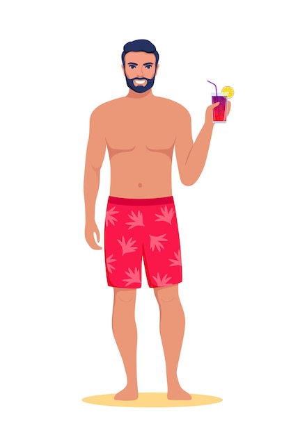 Vector man in shorts standing on the beach with cocktail in his hand and smiling summer vacations