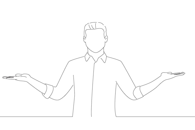 Man showing a balance of two products Line art style