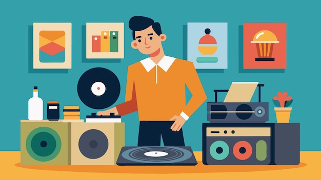Vector a man shows off his vintage record player setup complete with a collection of classic rock albums as