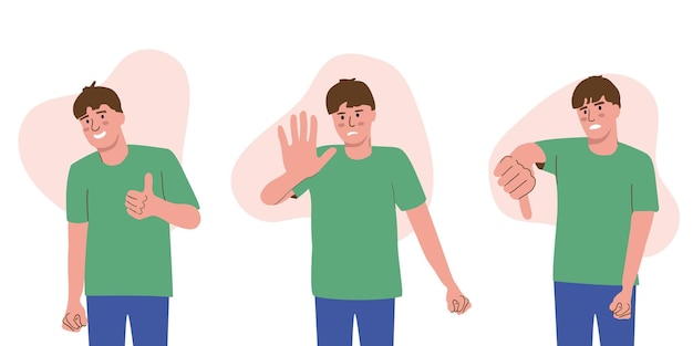L'uomo mostra segni con le mani gesti di approvazione e disapprovazione emozione positiva e negativa