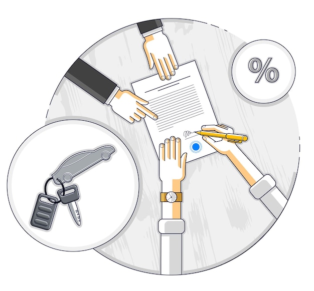 Man signs financial document for credit to buy a new car and bank employee or auto salon dealer explains terms of loan, or car rental, top view of desk with people hands and paper documents. vector.