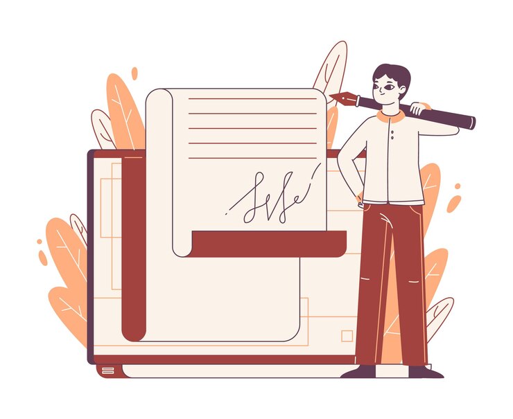 Vector man sing contract electronic signature documents sign business deal flat vector illustration