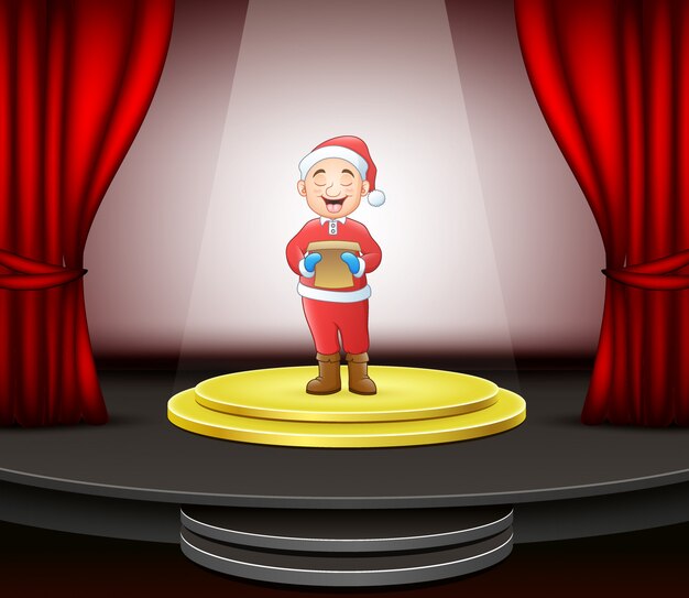 Vector man singing christmas carols standing on circle modern stage