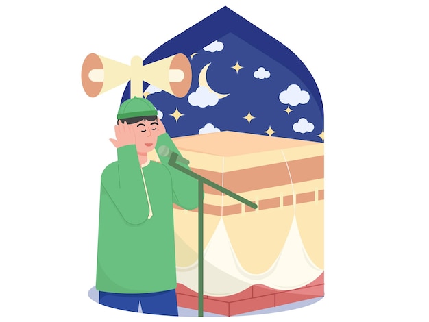 Un uomo canta in una scatola con una luna e stelle dietro di lui illustrazione del ramadan