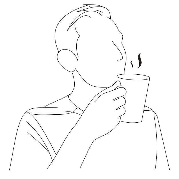 A man sipping and drinking his morning coffee happy man smiling with smelling delicious coffee