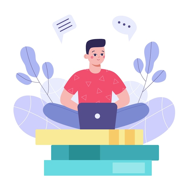 Vector man sit on books with laptop on background with plants concept of online learning