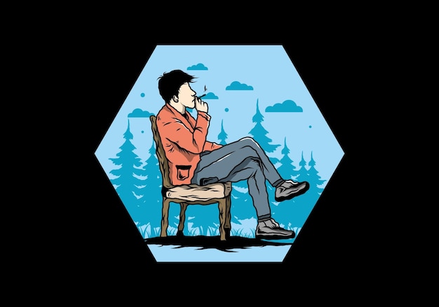 남자는 의자에 앉아 담배 그림을 피우다