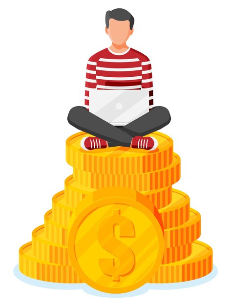 Man Sit and Chilling on Golden Coins Stack and Use Laptop Male is Resting in Pile of Coins Freelancer Relaxing After Work Hipster Character in Jeans and Tshirt Flat Vector Illustration