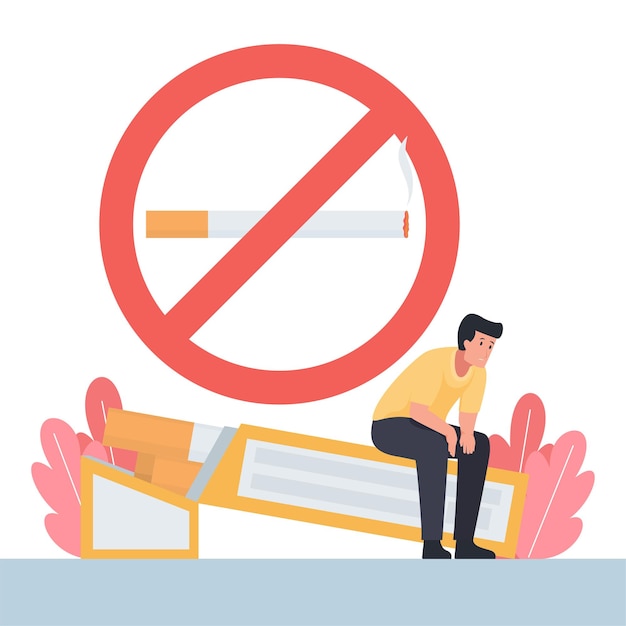 Man sit on the cigarette with forbidden sign behind metaphor of quit smoking