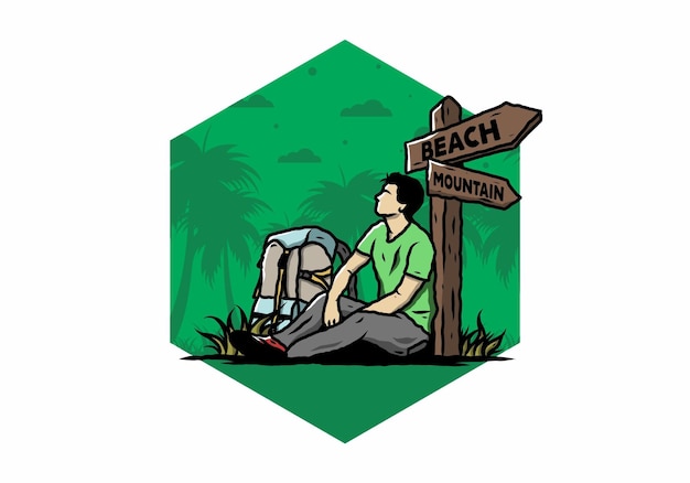 Man sit on the ground beside the way sign beach and mountain illustration