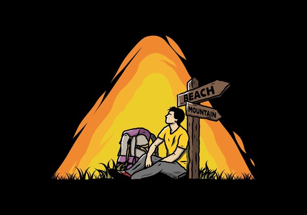 Man sit on the ground beside the way sign beach and mountain illustration