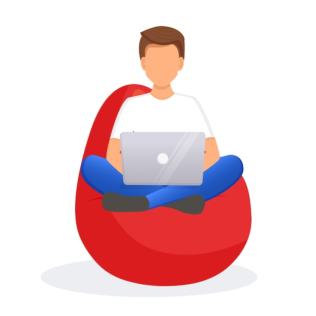 Man sits on a bean bag chair and works at a computer. remote work, office at home, programming, freelance. study at home in quarantine. vector illustration. no face.