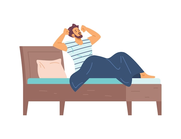 Vector man sits on bed in the morning stretches and yawns vector cartoon flat illustration of male character