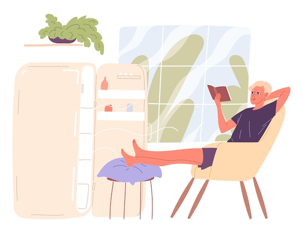 Вектор Мужчина сидит у открытого холодильника и простужается от жары.