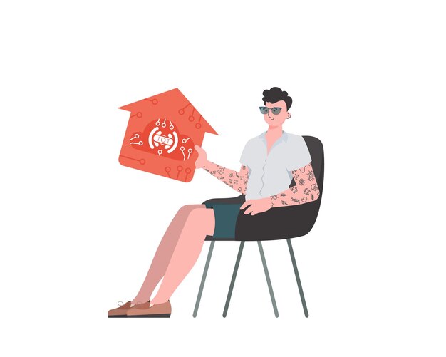 한 남자가 의자에 앉아 그의 손에 집 아이콘을 들고 있습니다 사물 개념의 인터넷 격리된 벡터 그림 플랫 스타일