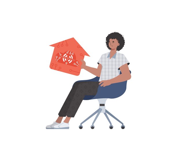 A man sits in a chair and holds a house icon in his hands Internet of things concept Isolated Vector illustration in trendy flat style