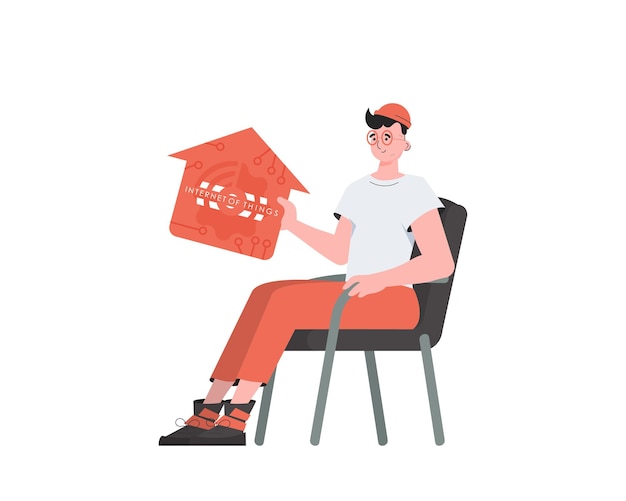 A man sits in a chair and holds a house icon in his hands IoT concept Isolated Vector illustration in trendy flat style