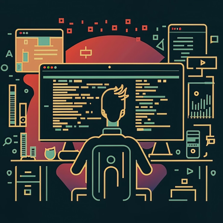 Vector a man sits at a computer with a man sitting at his desk