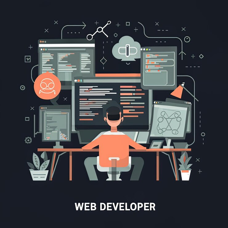 Vector a man sits at a computer with the webpage on the bottom