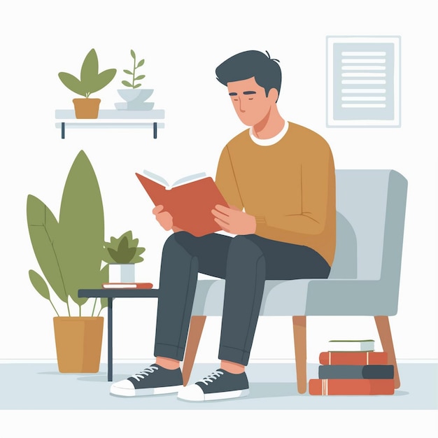 Vector a man sits on a couch reading a book