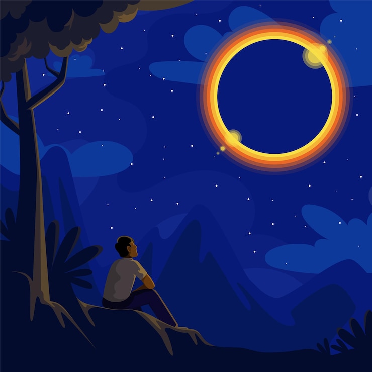 Vector a man sits under a crescent moon with the sun behind him