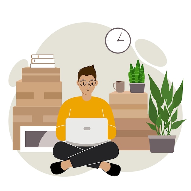 A man sits cross-legged with a laptop, orders delivery, there are many things around in cardboard boxes. The man is preparing to move to another home. Vector flat illustration.