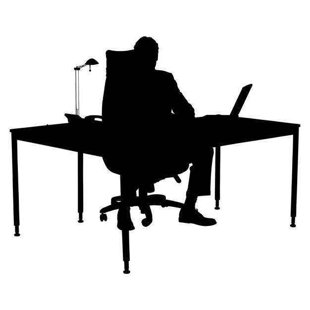 Vector a man sits at a desk in front of a laptop