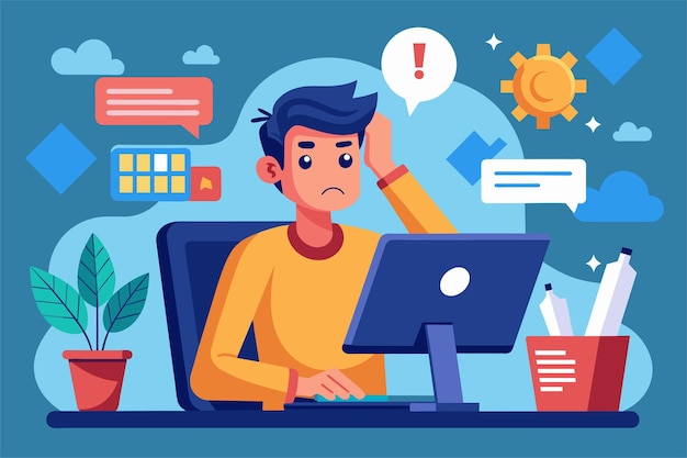 a man sits at a desk looking frustrated as he faces multiple computer errors with colorful notifications around him a man is experiencing computer errors flat illustration