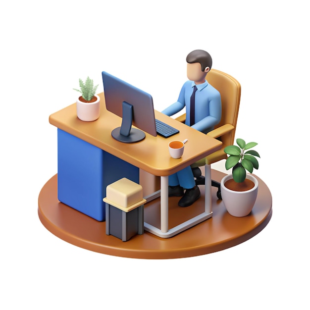 a man sits at a desk with a computer on it