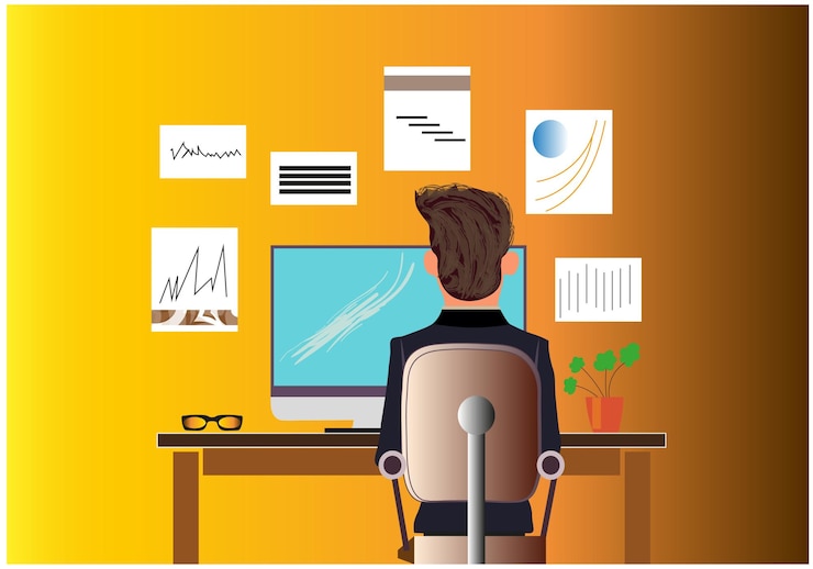 Vector a man sits at a desk with a computer and a man sitting at his desk