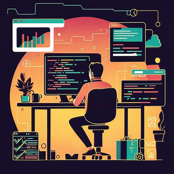 Vector a man sits at a desk with a computer and a picture of a man working on his computer