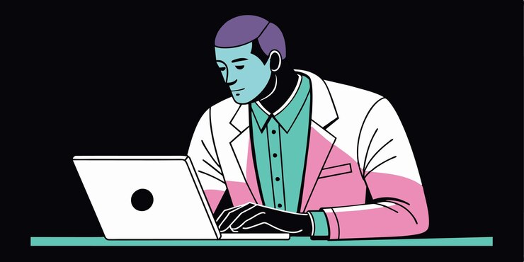 Vector a man sits at a desk with a laptop and a black background with a man working on it