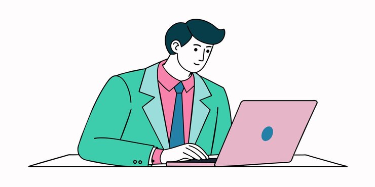 Vector a man sits at a desk with a laptop and a man with a laptop in front of him