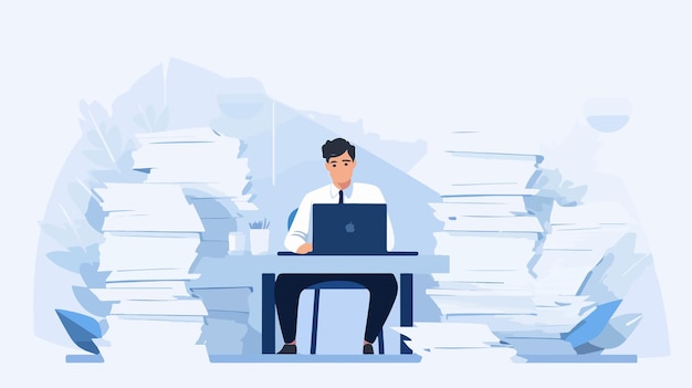 a man sits at a desk with a laptop and a stack of papers behind him
