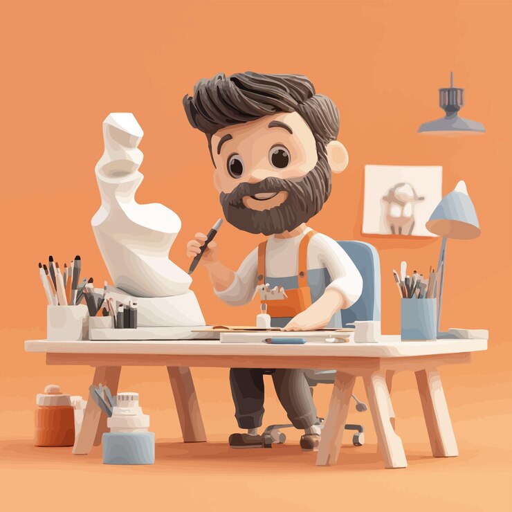 Vector a man sits at a desk with a pencil and a sculpture of a man
