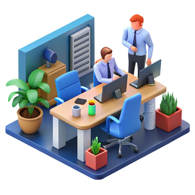 a man sits at a desk with a plant in the corner