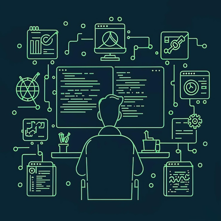 Vector a man sits at a desk with the words quot business quot on the top